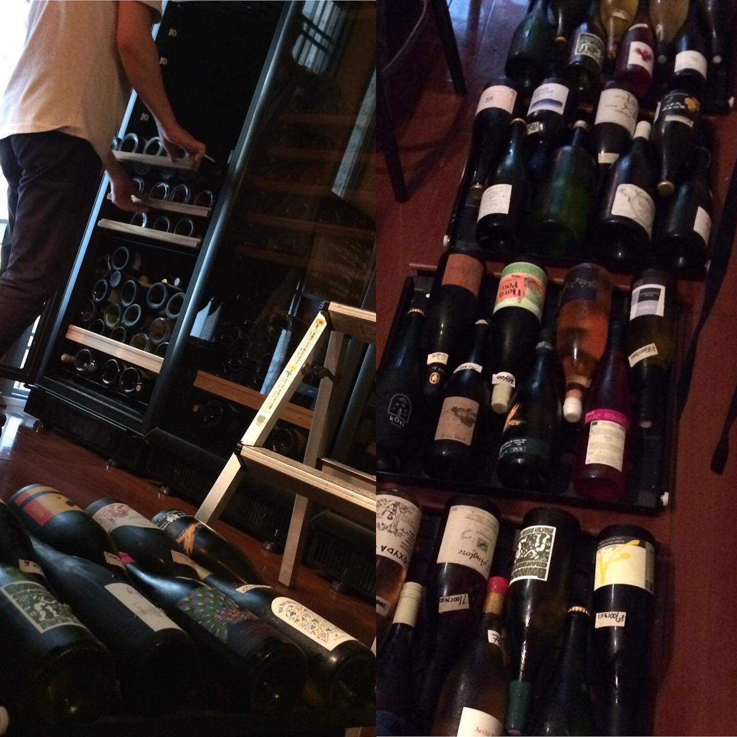 セラーの中身の大移動してます。エアコンガンガン効かせてますが、汗だく本日6/23も17時から23時(OS22時)まで通常営業してます。#イルフェソワフ #ワイン#日本酒 #薬院#警固#ユーロカーブ